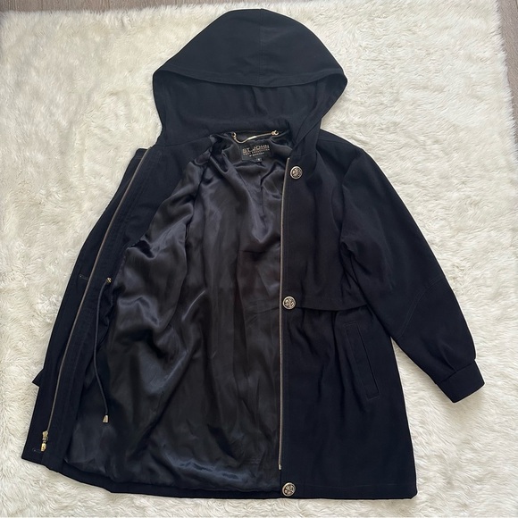 St. John Coat Collection Jacket Hooded Zip Up Gold Buttons Pockets Black Sz S - Picture 4 of 13